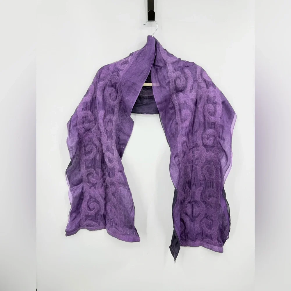 HANDCRAFTED BY 7 SISTERS SILK & FELTED WOOL‎ purple FLOWERS SCARF/SHAWL 15x72”